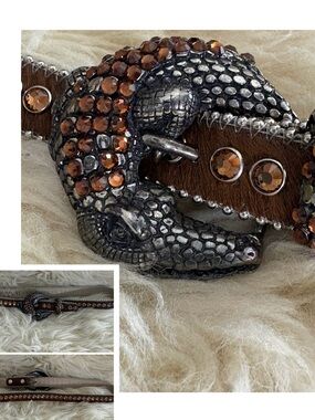 Crocodile Buckle Cow Hide Crystal Embellished Brown Leather Belt